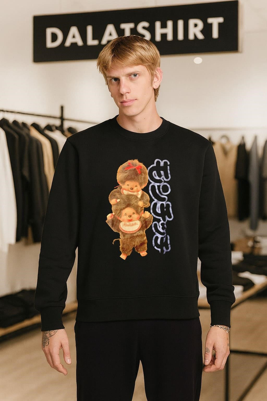 Two Monchhichi monkeys sitting on shoulders bib vintage shirt