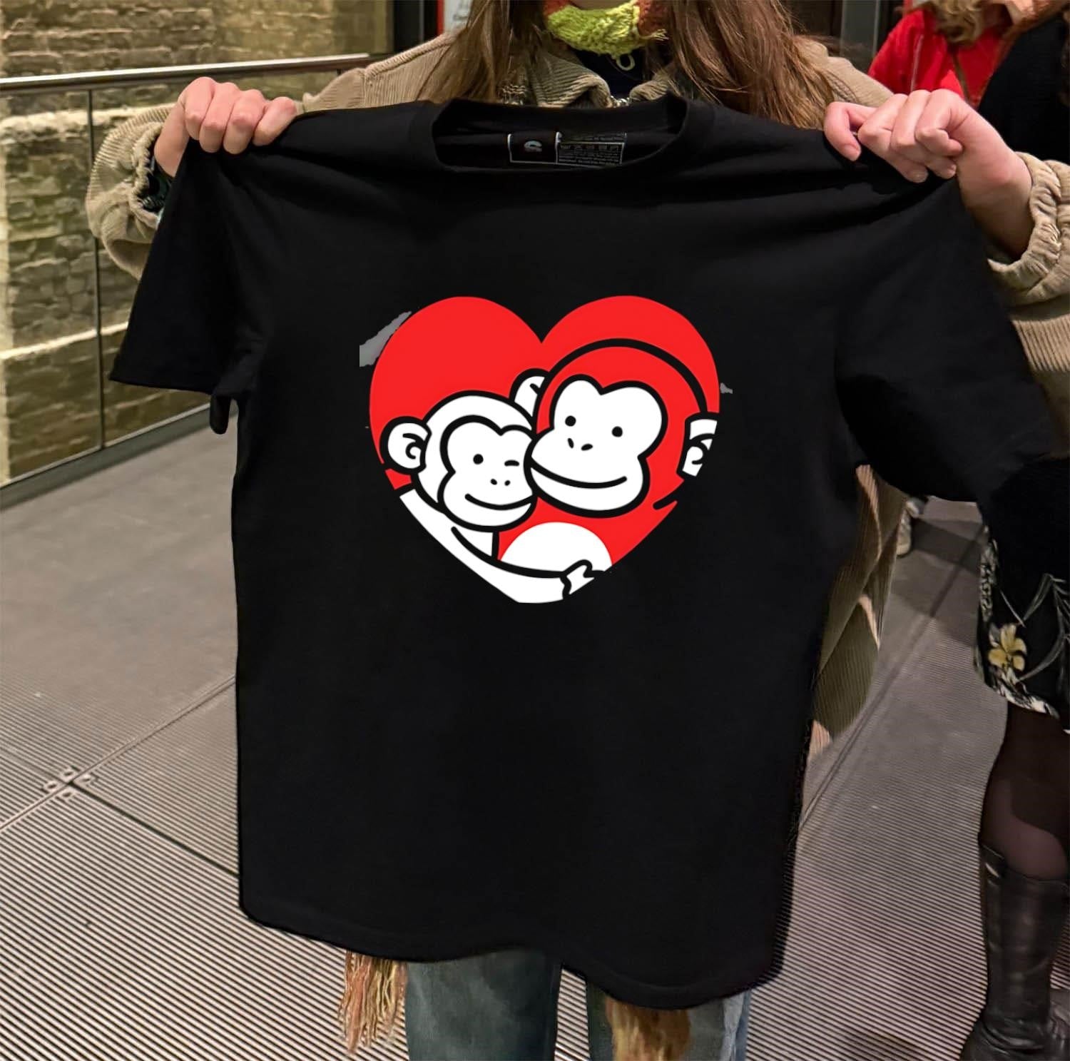 Two Monkeys Hugging in Red Heart Cartoon Graphic shirt