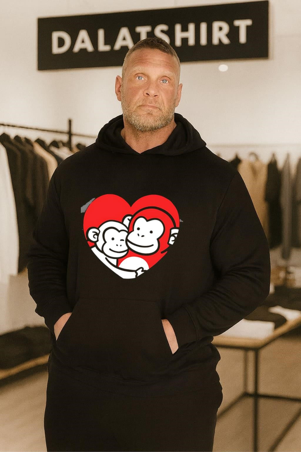 Two Monkeys Hugging in Red Heart Cartoon Graphic shirt