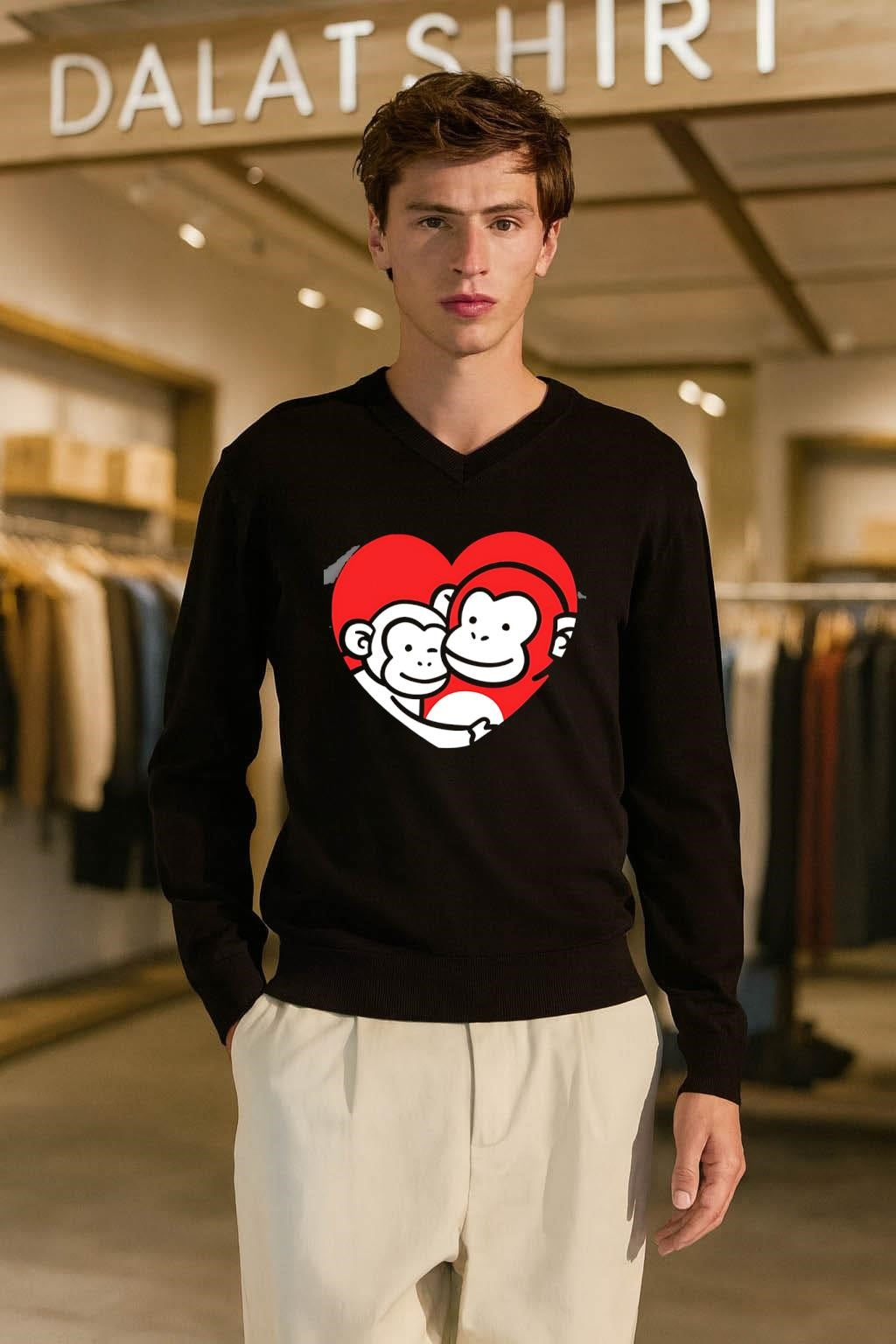 Two Monkeys Hugging in Red Heart Cartoon Graphic shirt
