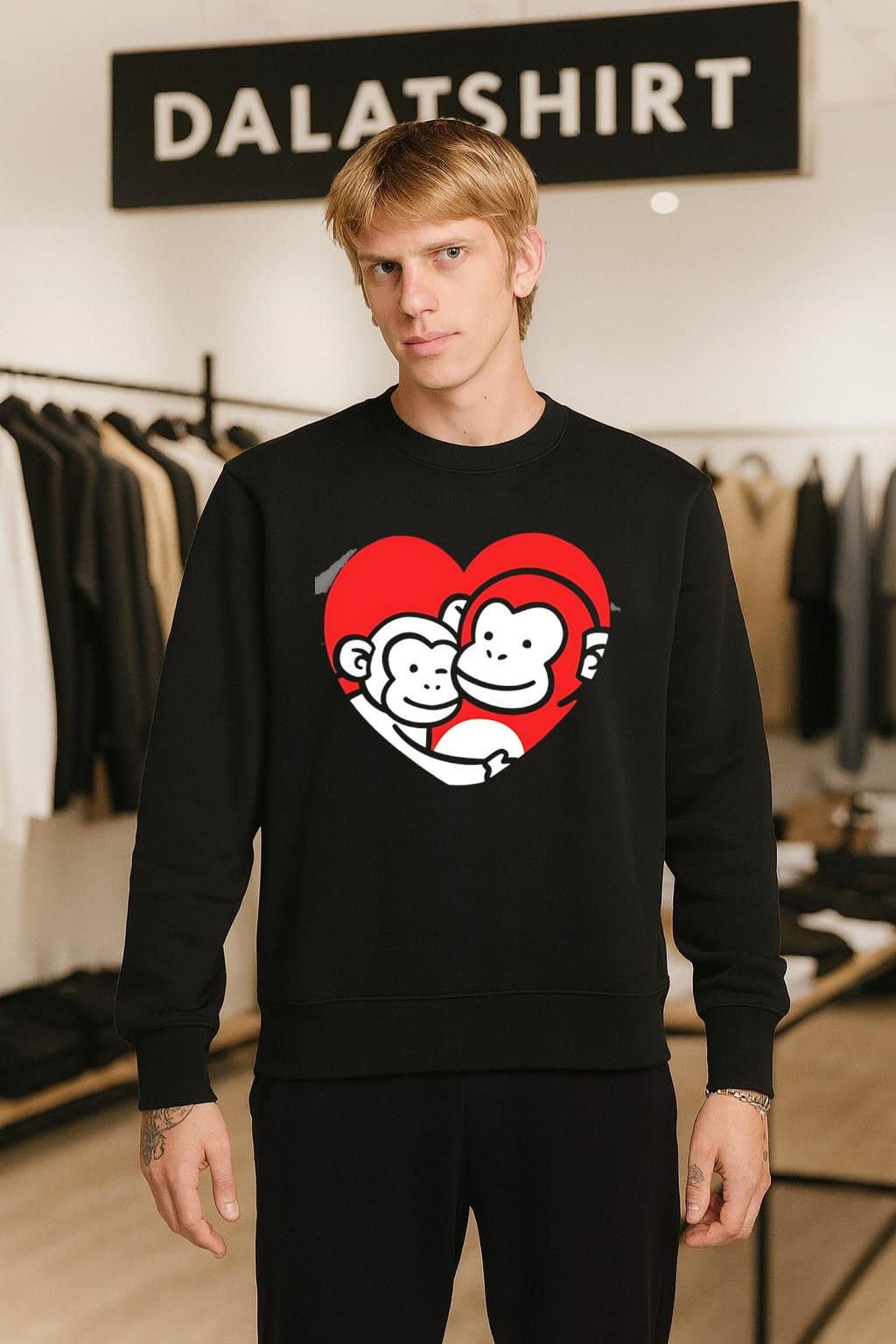 Two Monkeys Hugging in Red Heart Cartoon Graphic shirt