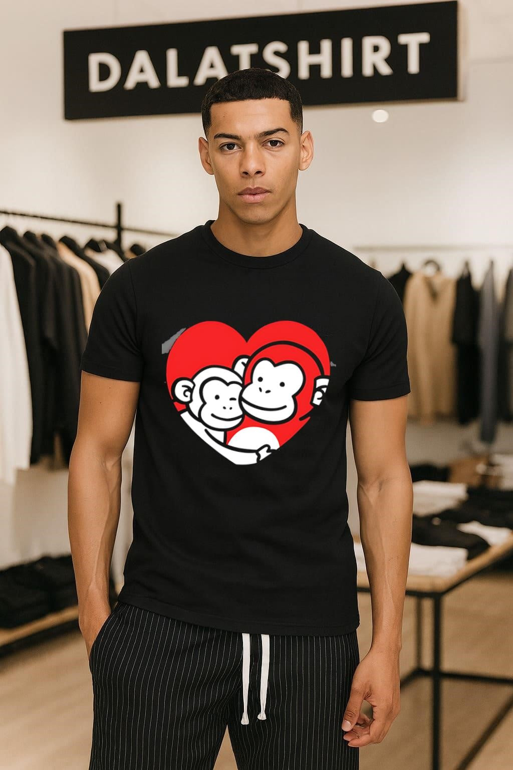 Two Monkeys Hugging in Red Heart Cartoon Graphic shirt