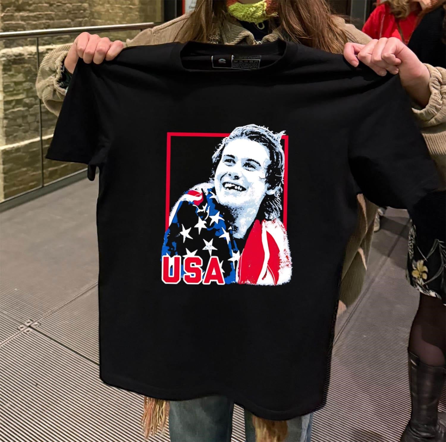 USA Flag Happy Athlete Portrait Red Frame Graphic shirt