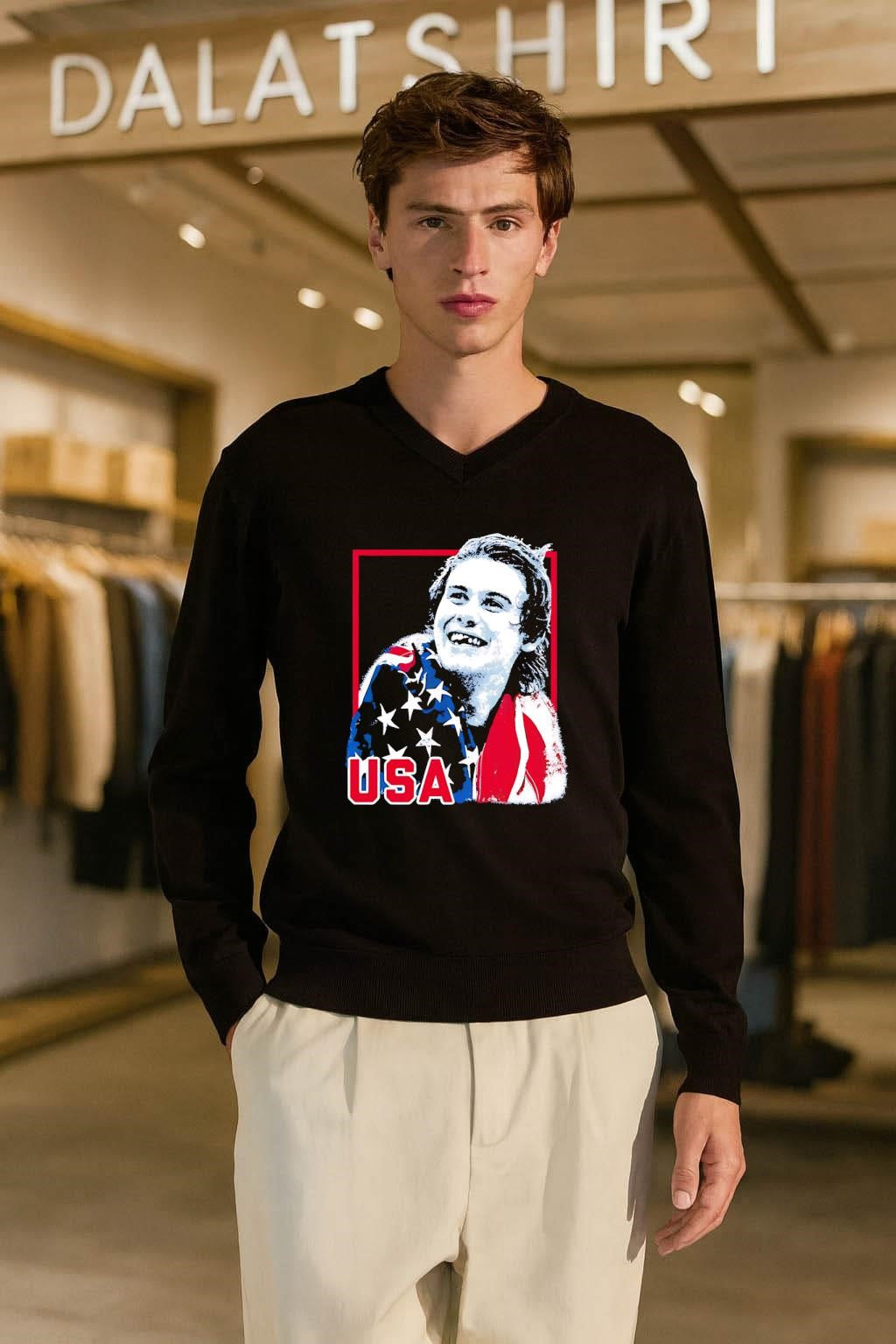 USA Flag Happy Athlete Portrait Red Frame Graphic shirt