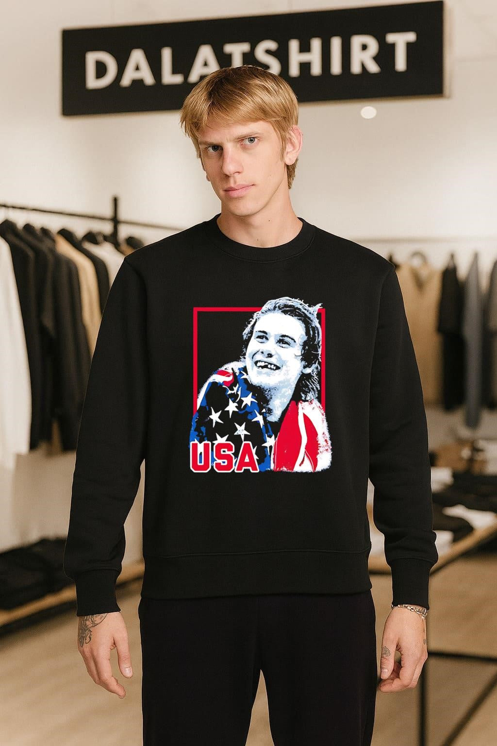 USA Flag Happy Athlete Portrait Red Frame Graphic shirt