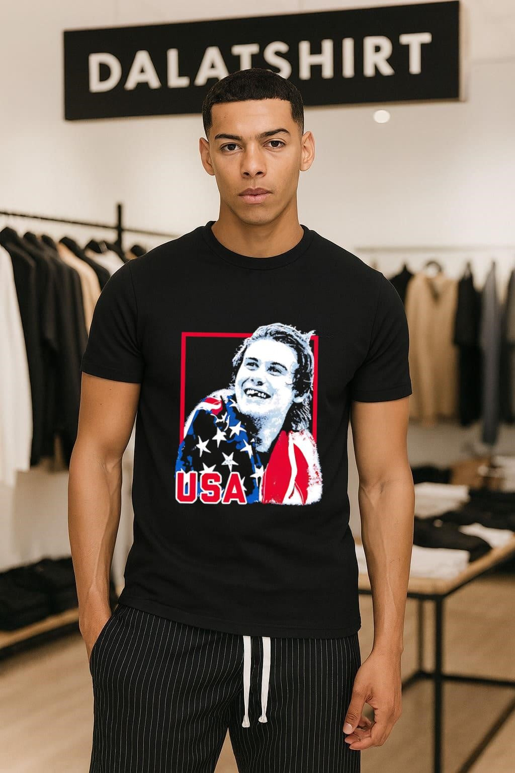 USA Flag Happy Athlete Portrait Red Frame Graphic shirt