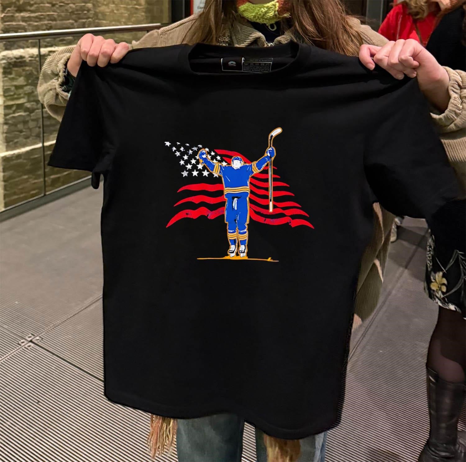 USA Flag Hockey Player Raising Arms Victory shirt