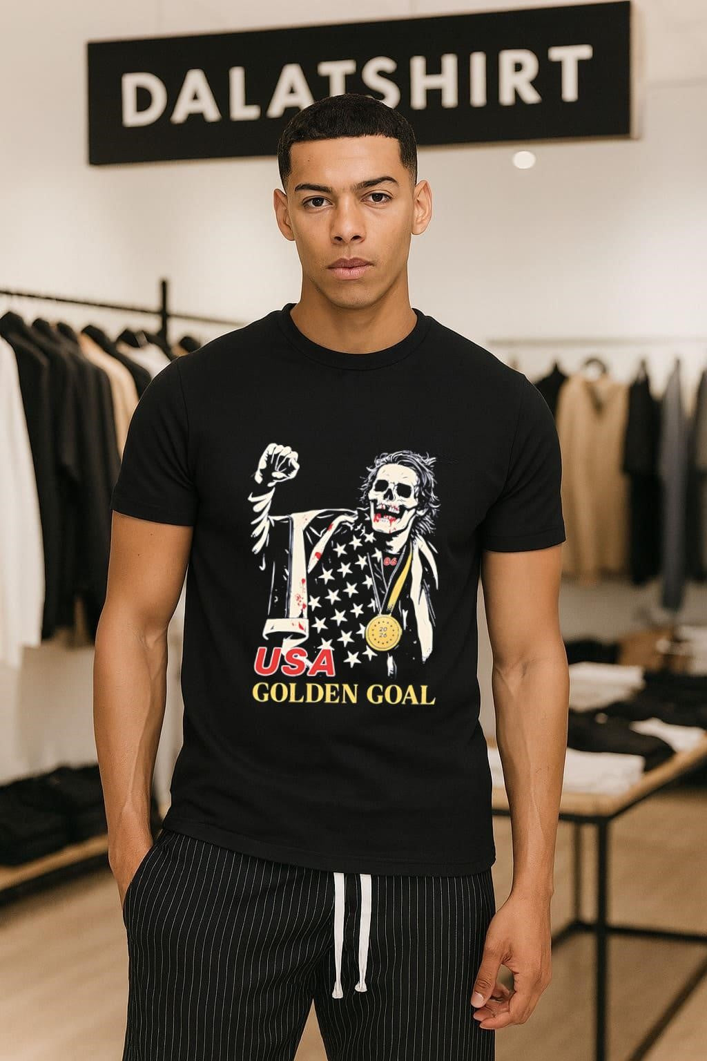 USA Golden Goal Skeleton with Gold Medal and Flag shirt