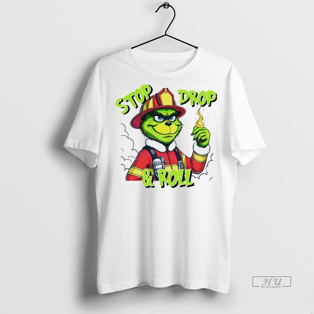 Viral Stop Drop And Roll Grinch Christmas Fireman White Tee Shirt Sweater