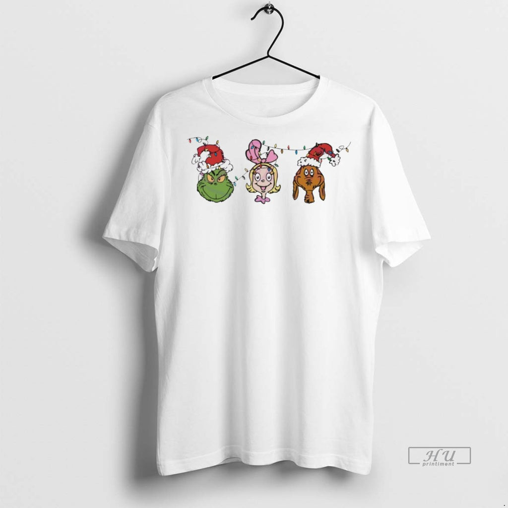 Viral The Grinch Characters Christmas Light Santa Hat White Tee Shirt Sweater