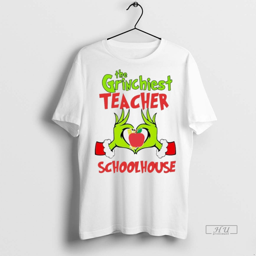 Viral The Grinchiest Teacher Schoolhouse Christmas White Tee Shirt Sweater