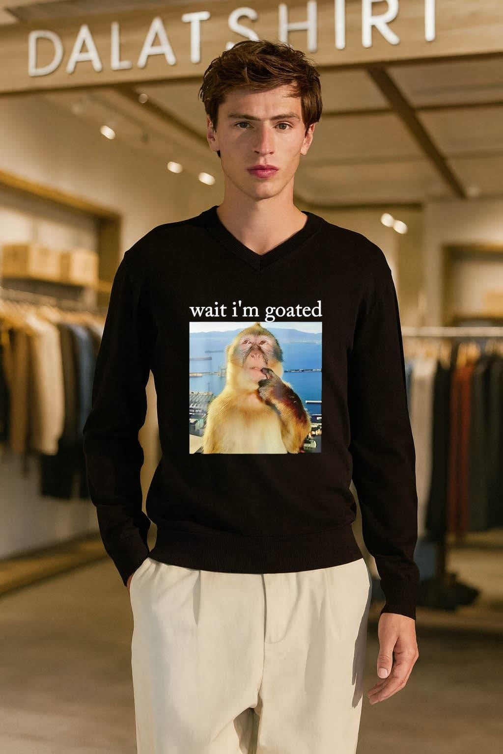 Wait i’m goated Pensive Monkey Thinking Sea Background shirt
