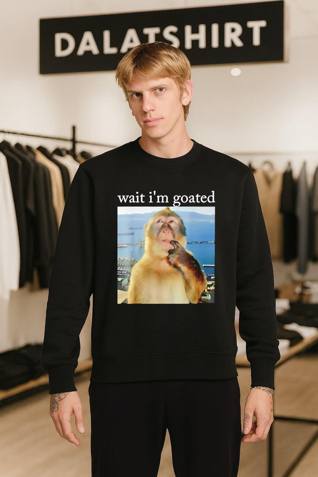 Wait i’m goated Pensive Monkey Thinking Sea Background shirt
