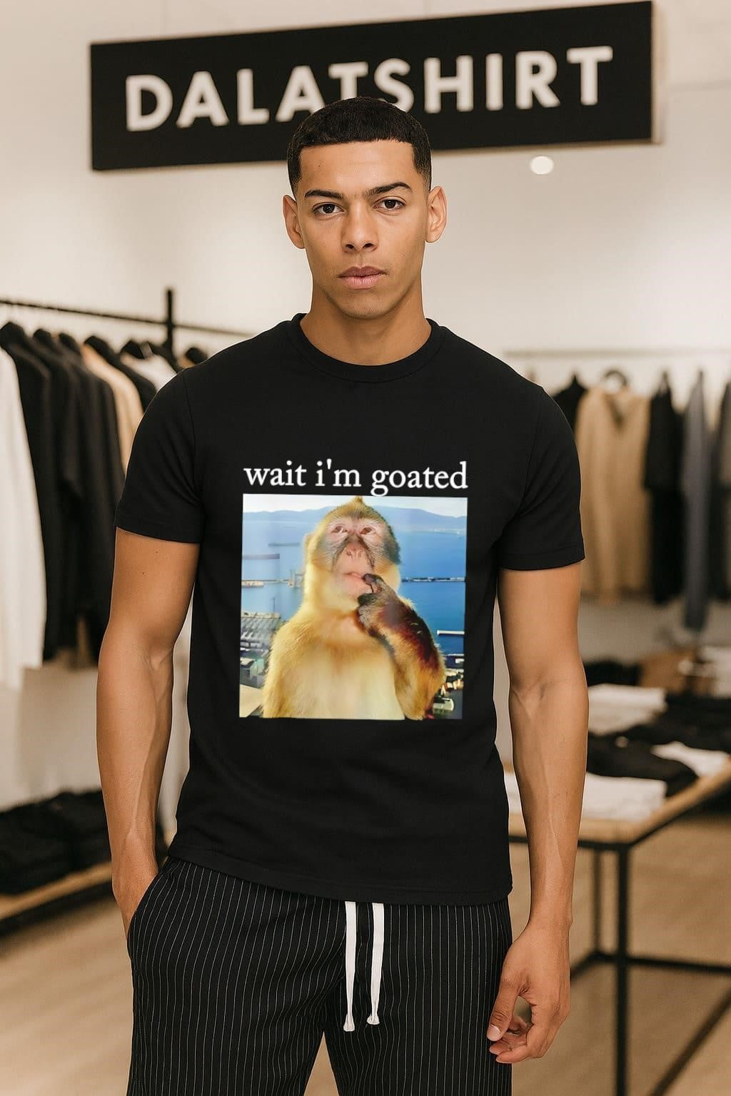 Wait i’m goated Pensive Monkey Thinking Sea Background shirt