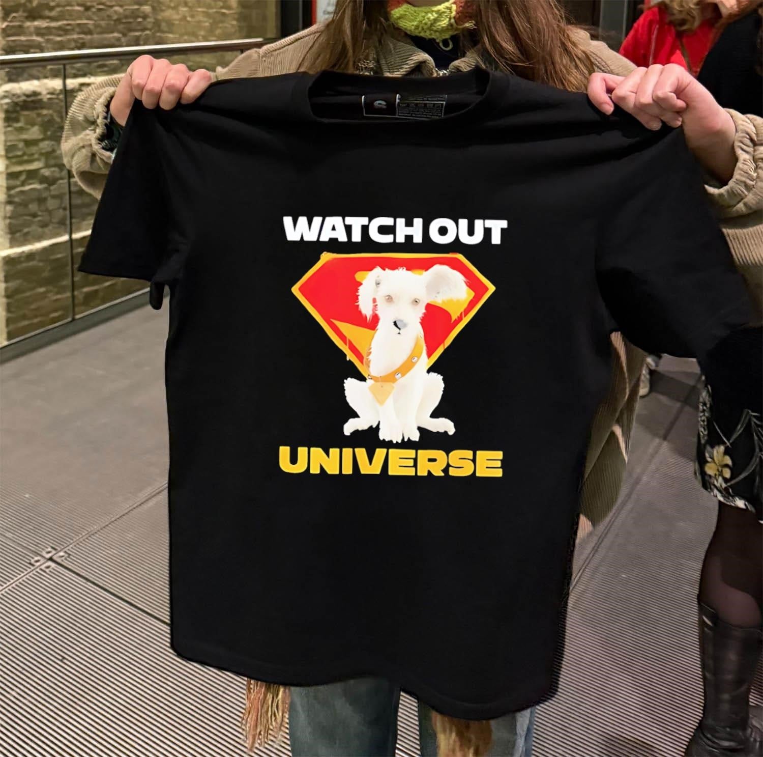 Watch Out Universe White Super Hero Puppy Dog shirt