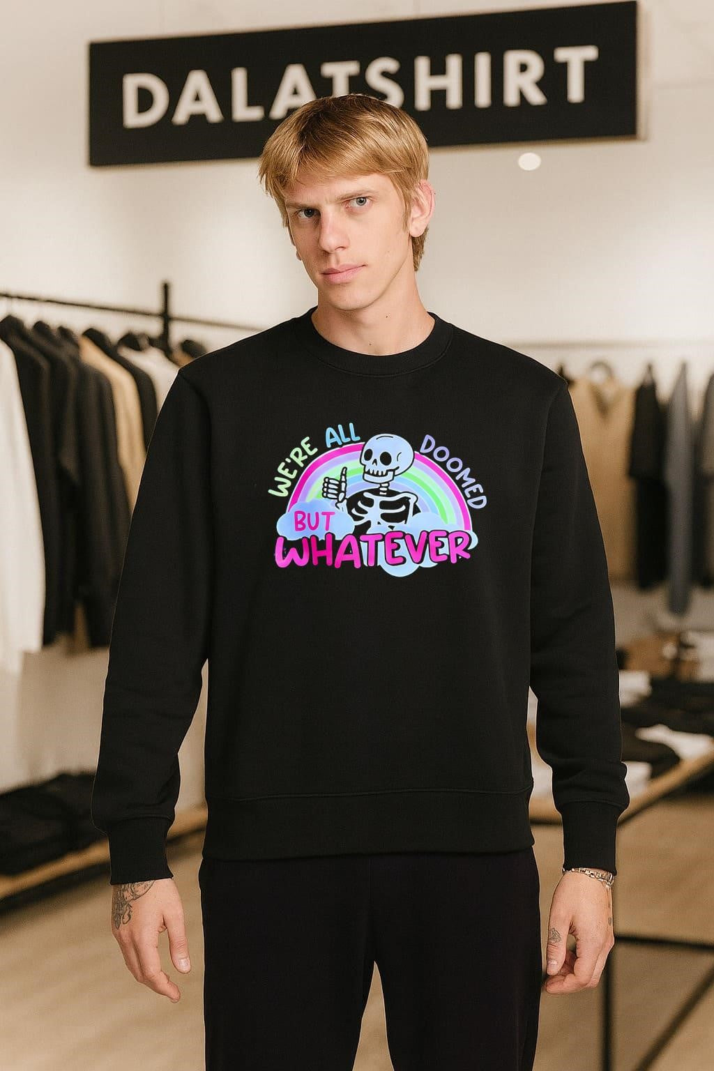 We Are All Doomed But Whatever Rainbow Skeleton Thumbs Up shirt