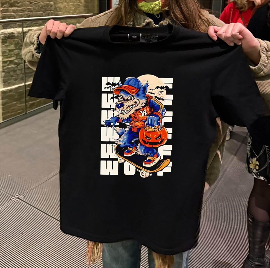 Werewolf Skateboarder with Halloween Pumpkin and Full Moon shirt