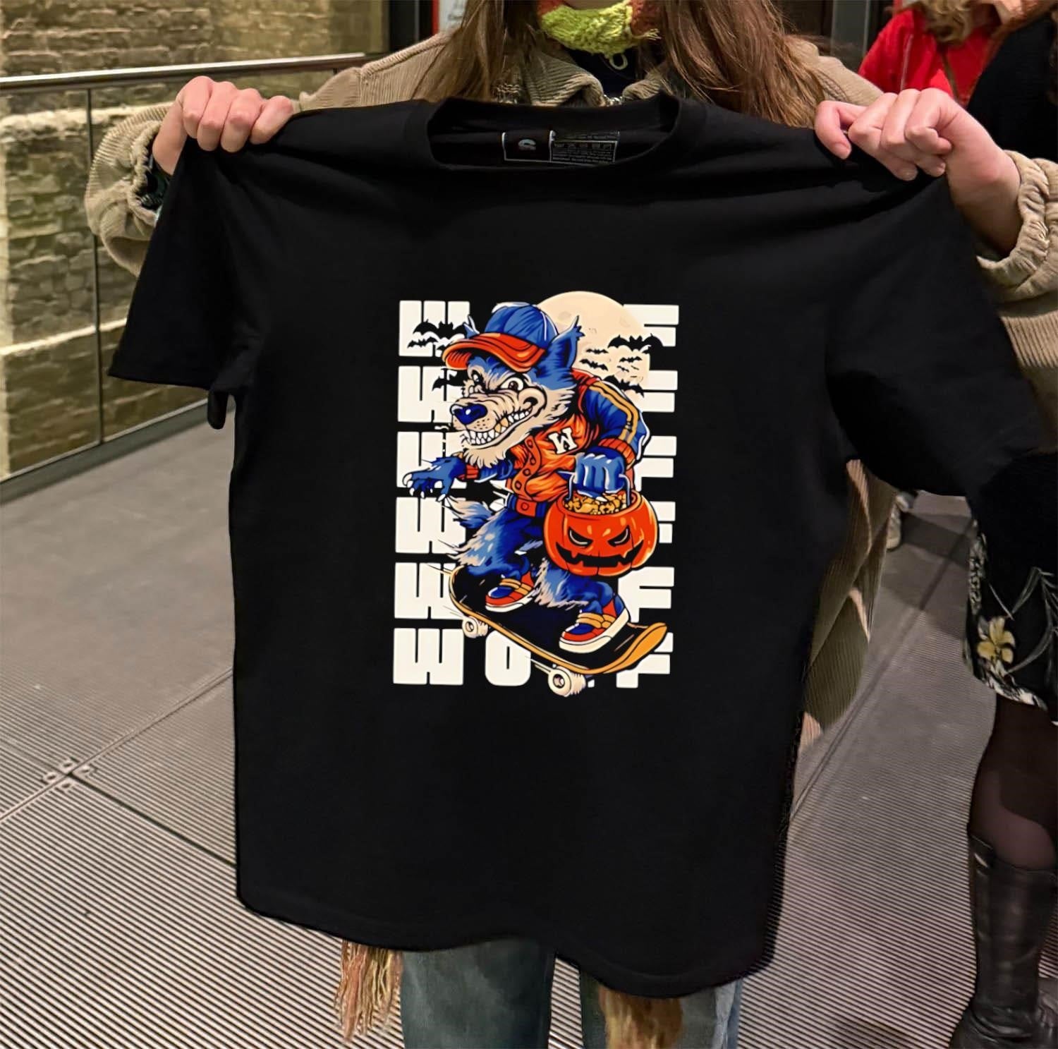 Werewolf Skateboarder with Halloween Pumpkin and Full Moon shirt
