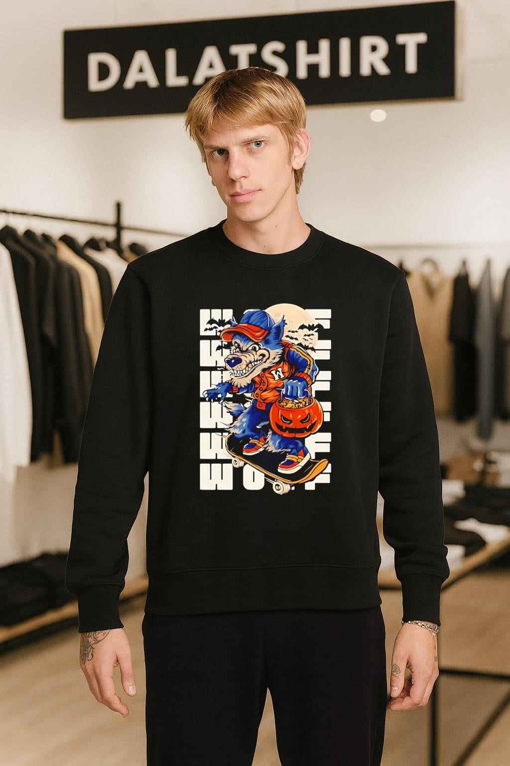 Werewolf Skateboarder with Halloween Pumpkin and Full Moon shirt