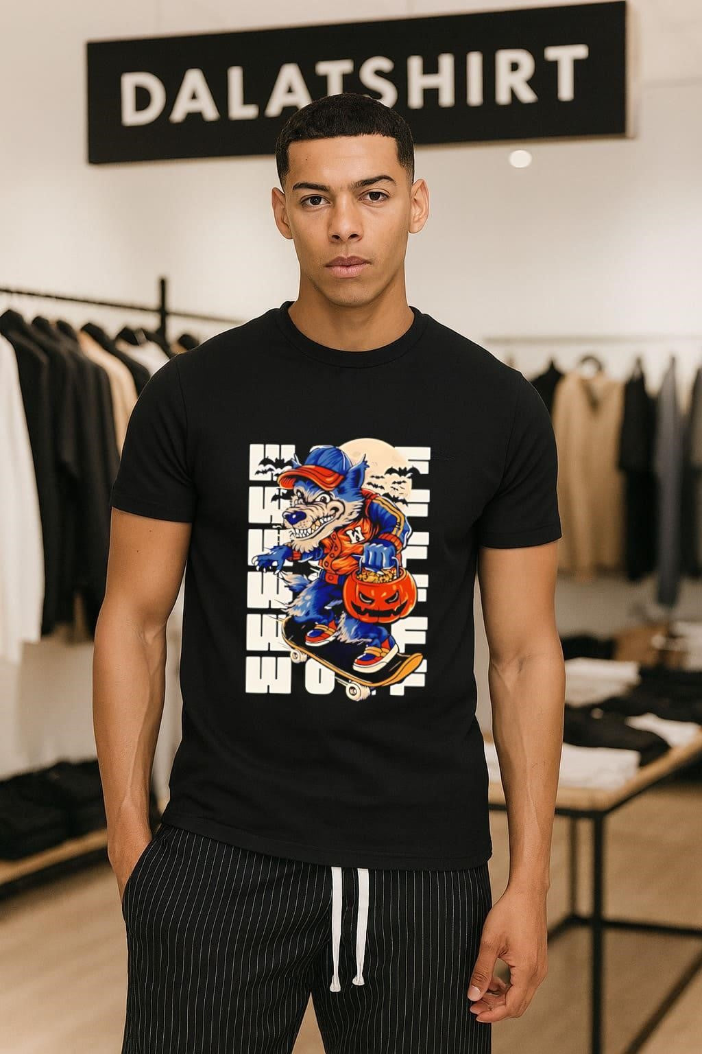 Werewolf Skateboarder with Halloween Pumpkin and Full Moon shirt