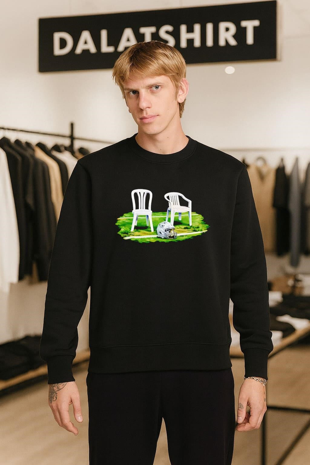 White Plastic Chairs and Football Helmet on Grass Field shirt