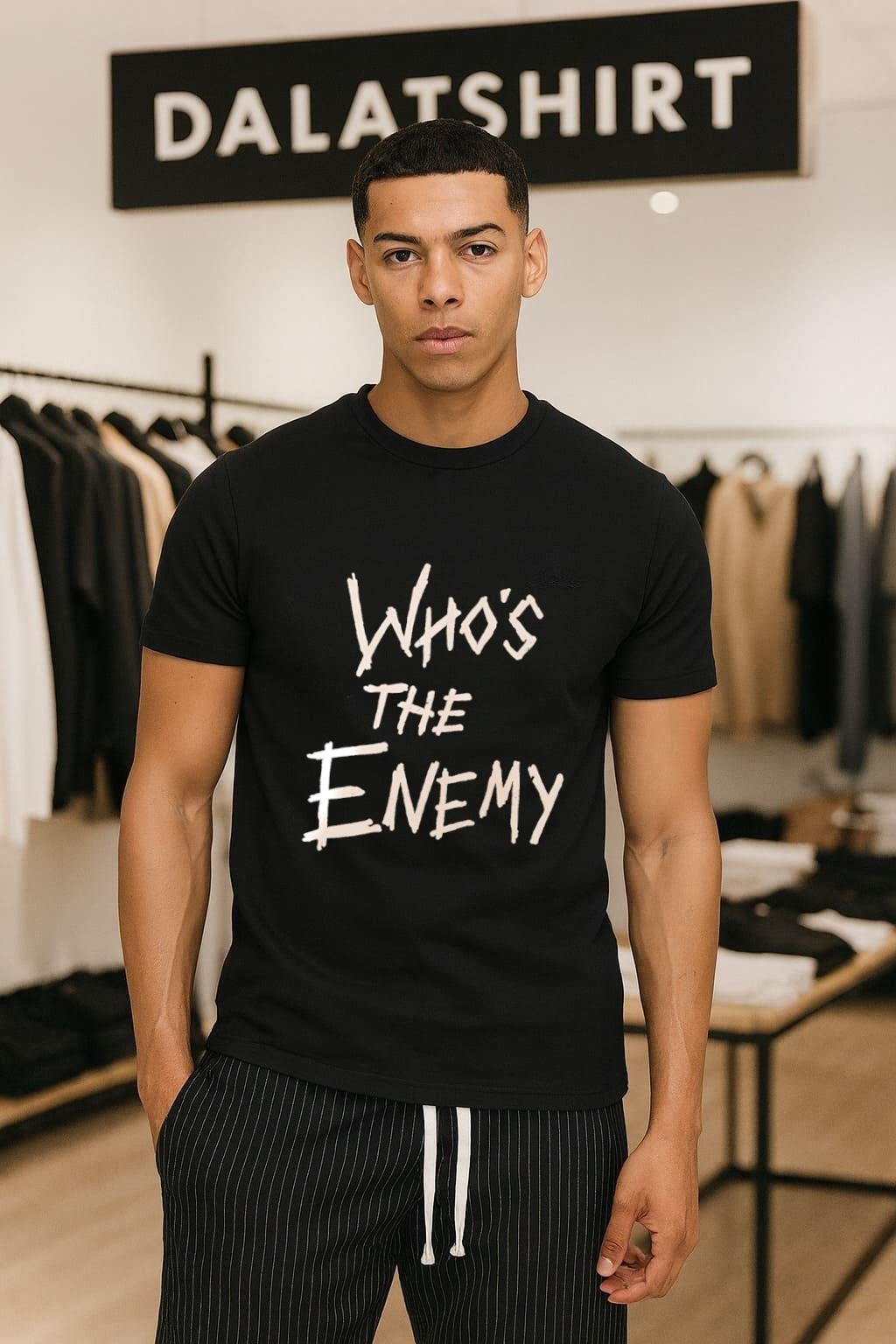 Who’s The Enemy distressed horror movie style font shirt