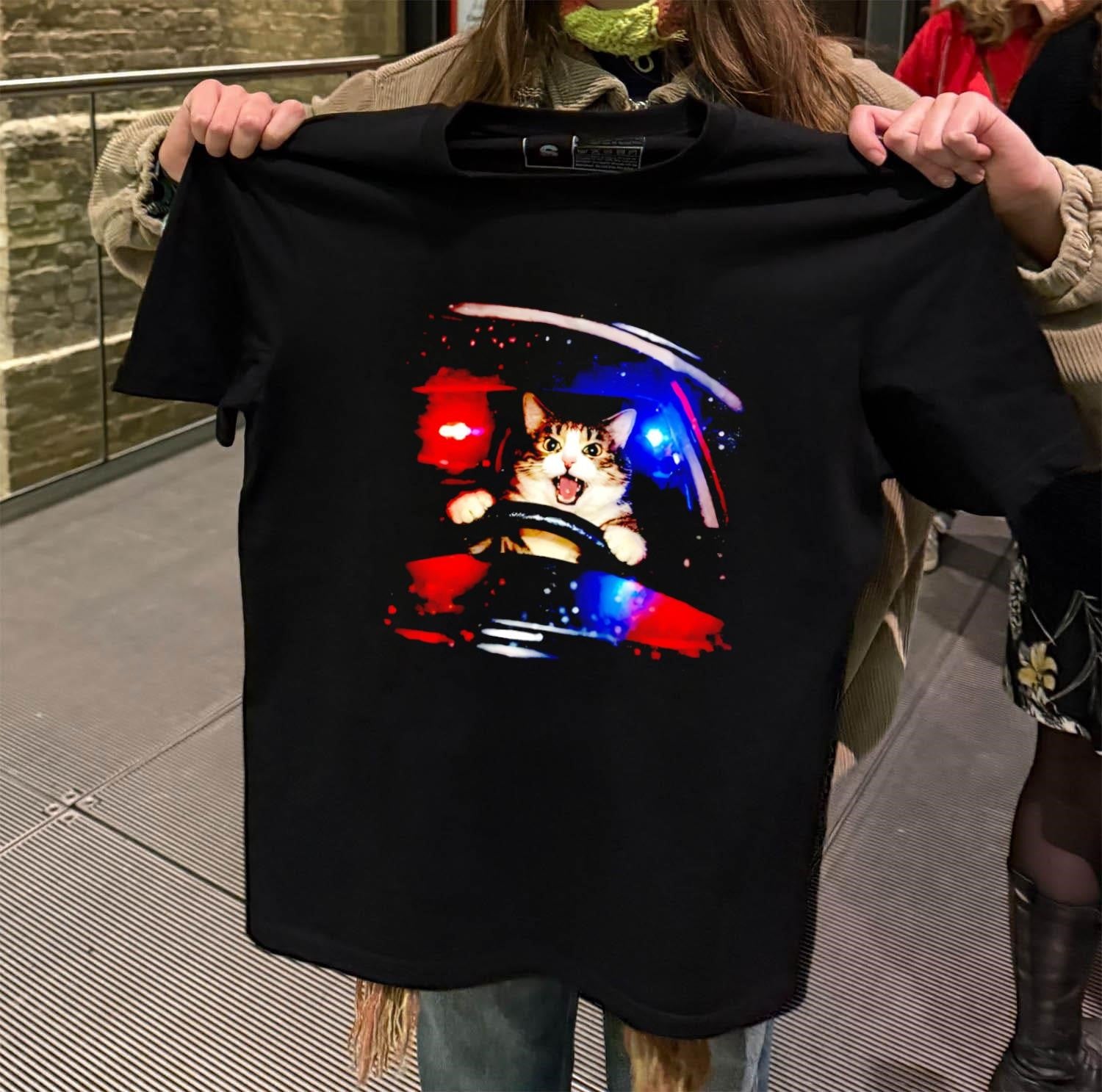 Wild Cat Driving Car With Police Sirens Funny Meme shirt