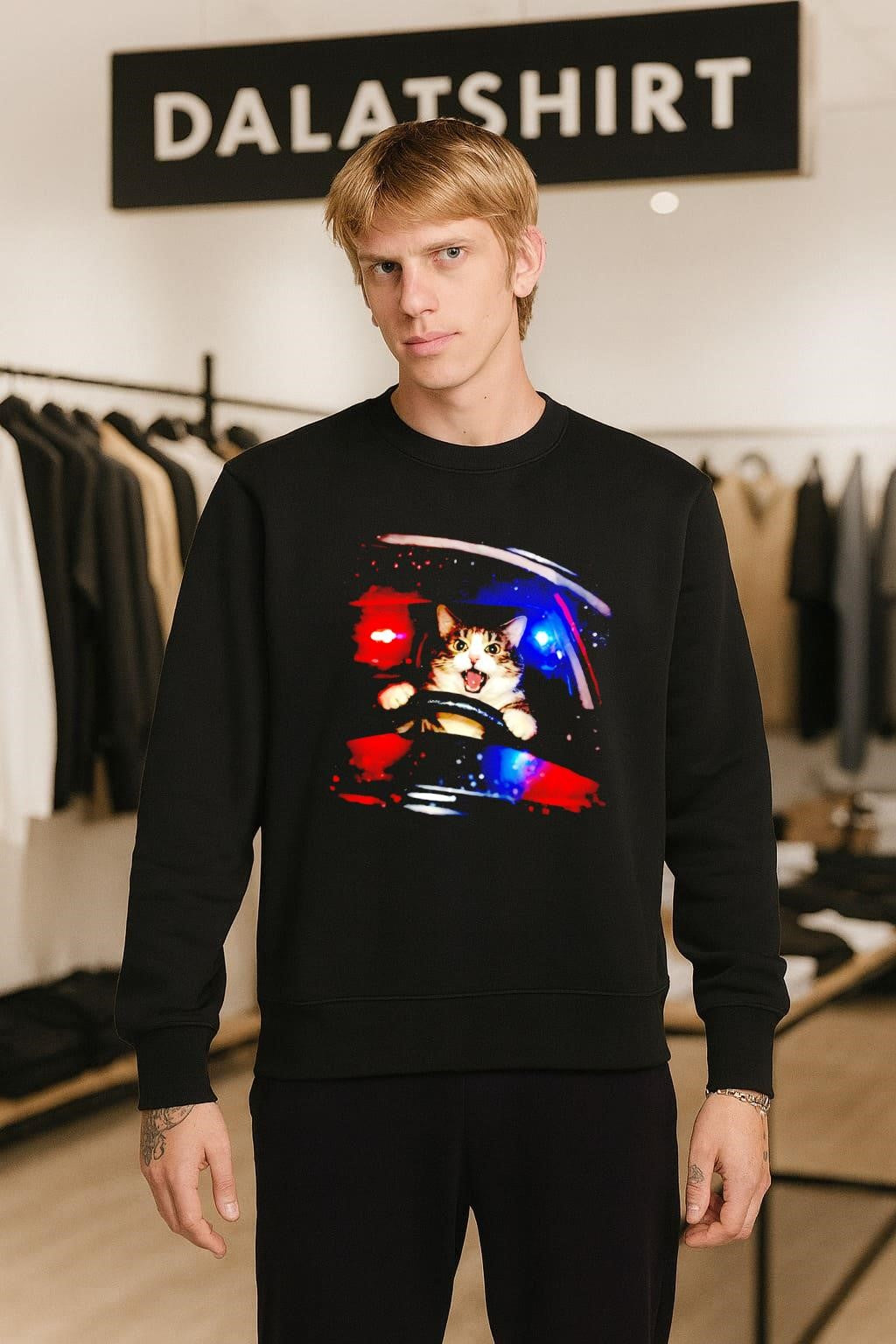 Wild Cat Driving Car With Police Sirens Funny Meme shirt