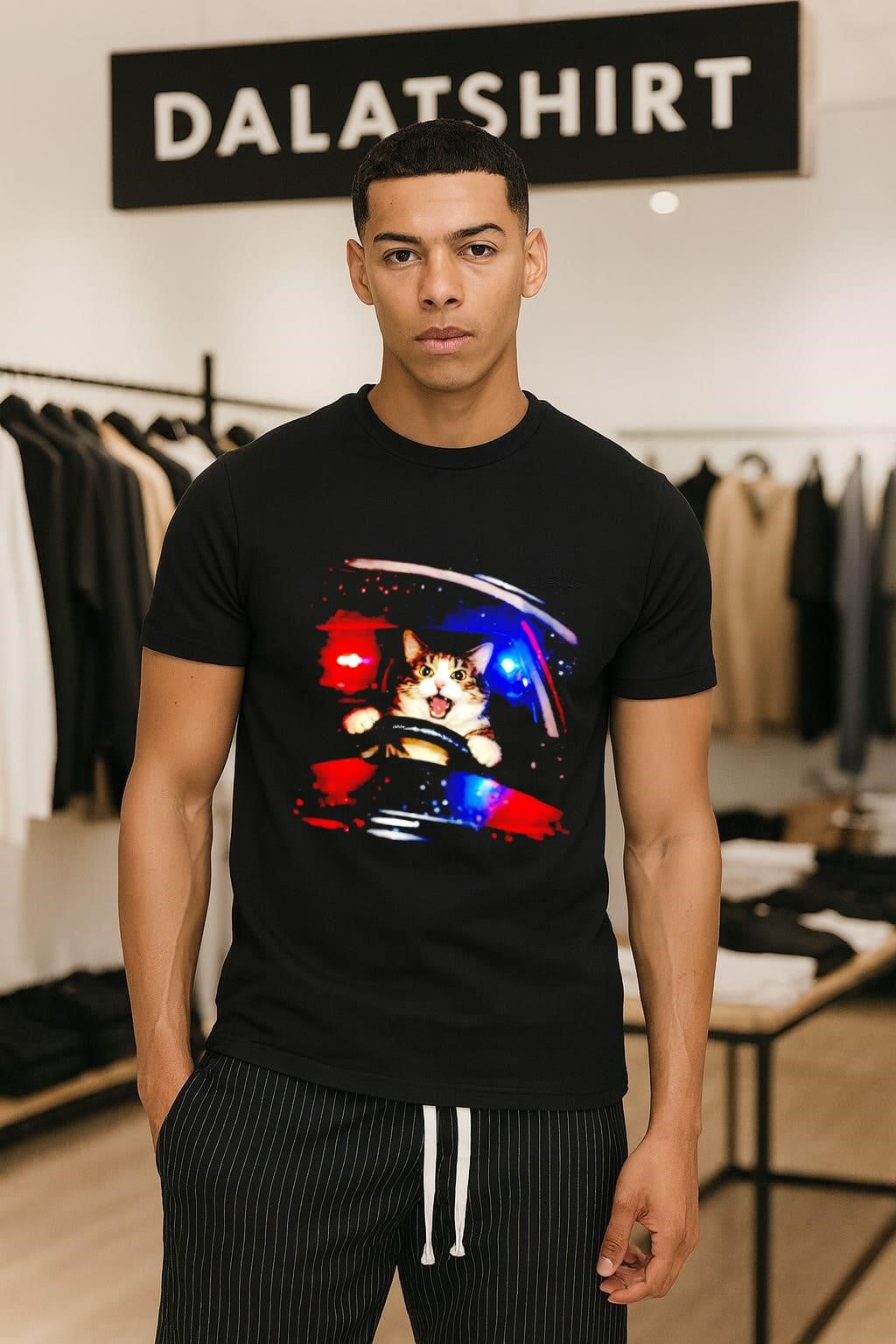 Wild Cat Driving Car With Police Sirens Funny Meme shirt