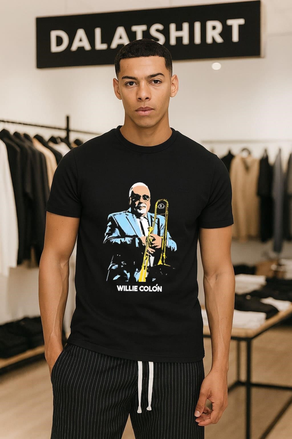 Willie Colón salsa musician playing trombone shirt