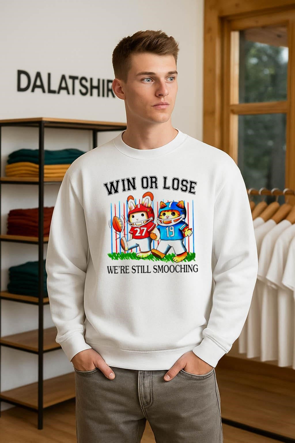Win Or Lose We’re Still Smooching Rabbit And Cat Football shirt