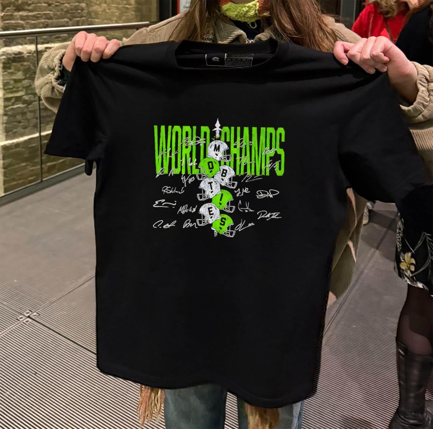 World Champs Mob Ties Football Helmets With Player Signatures shirt