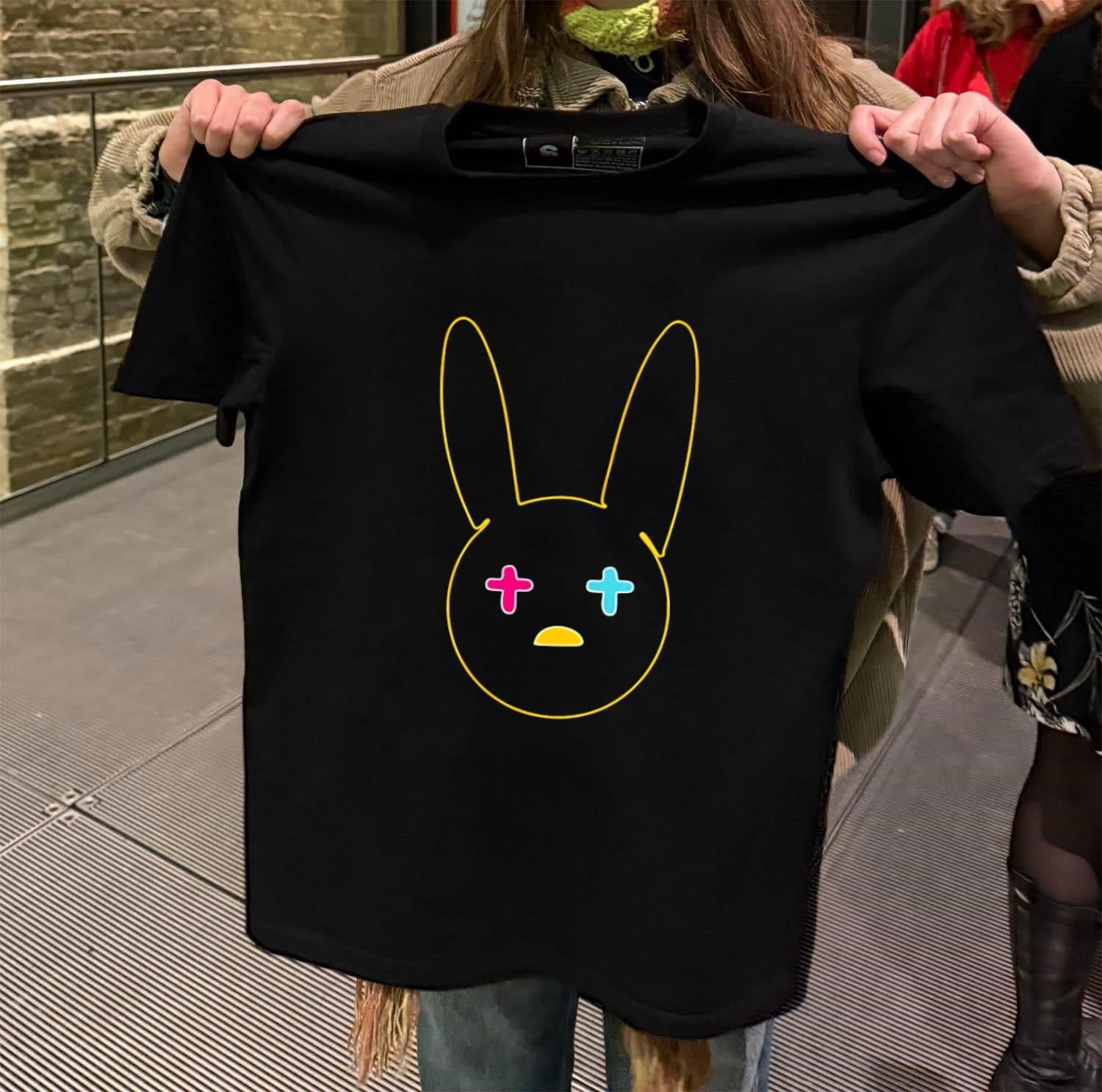 Yellow Neon Outline Bunny Face With Pink Cyan Cross Eyes shirt