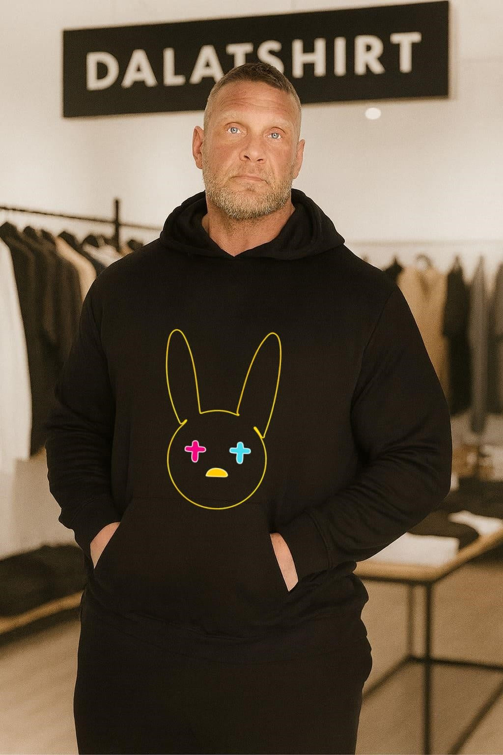 Yellow Neon Outline Bunny Face With Pink Cyan Cross Eyes shirt