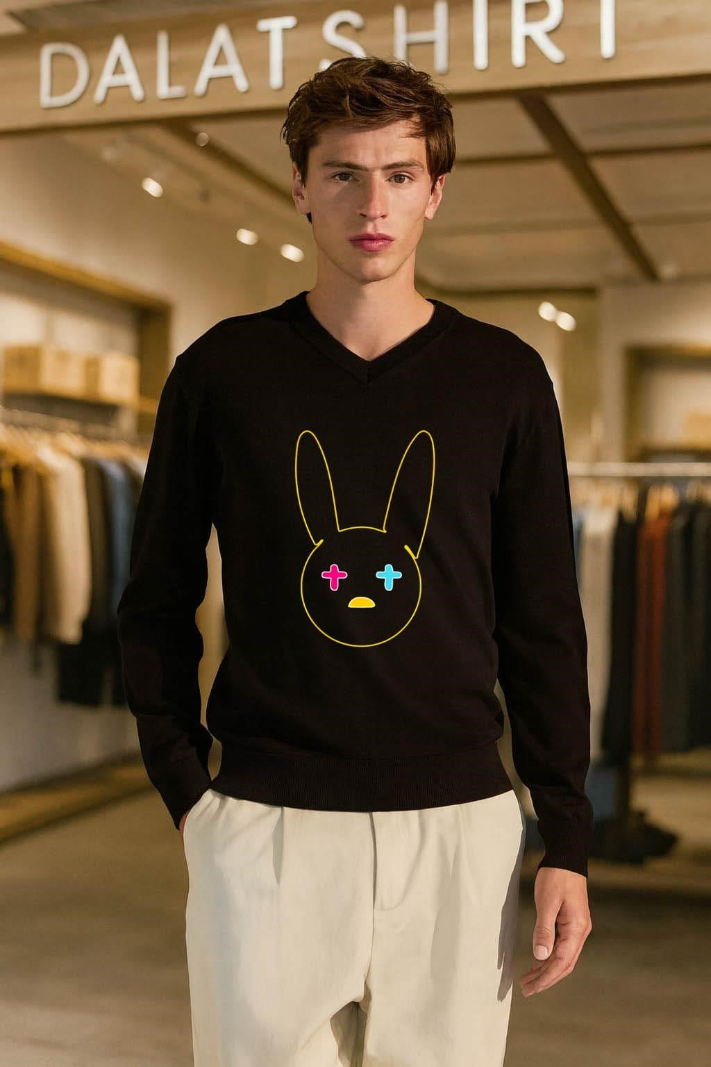 Yellow Neon Outline Bunny Face With Pink Cyan Cross Eyes shirt