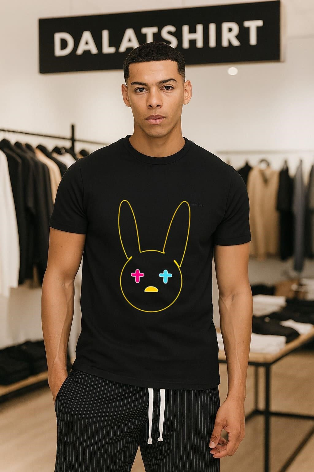 Yellow Neon Outline Bunny Face With Pink Cyan Cross Eyes shirt