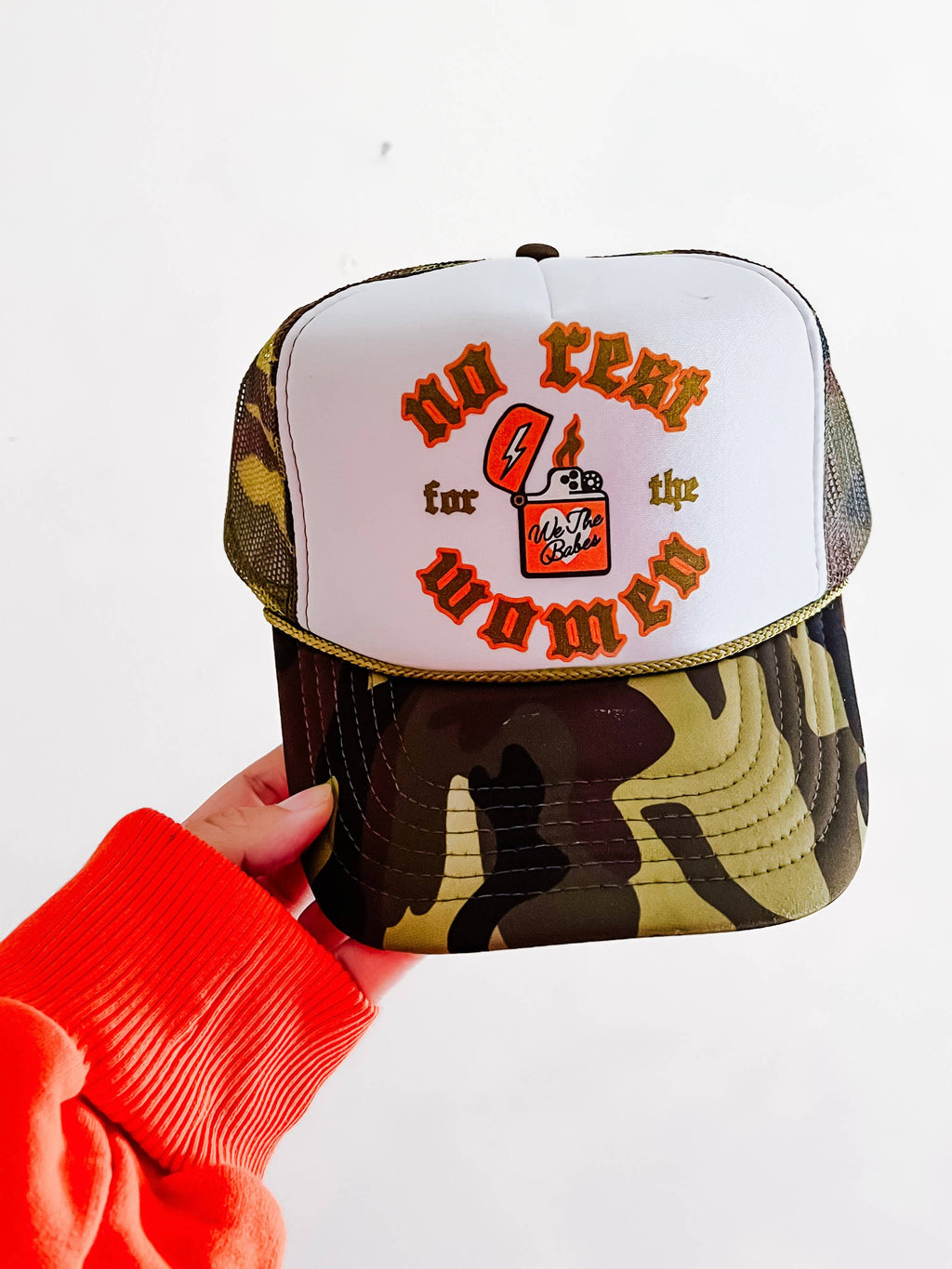 No Rest For the Women Flame Trucker Hat - White/Camo