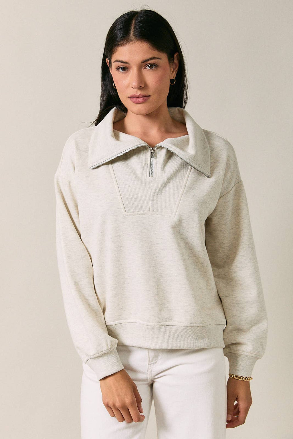 Half Zip Funnel Neck Long Sleeve Pullover Top