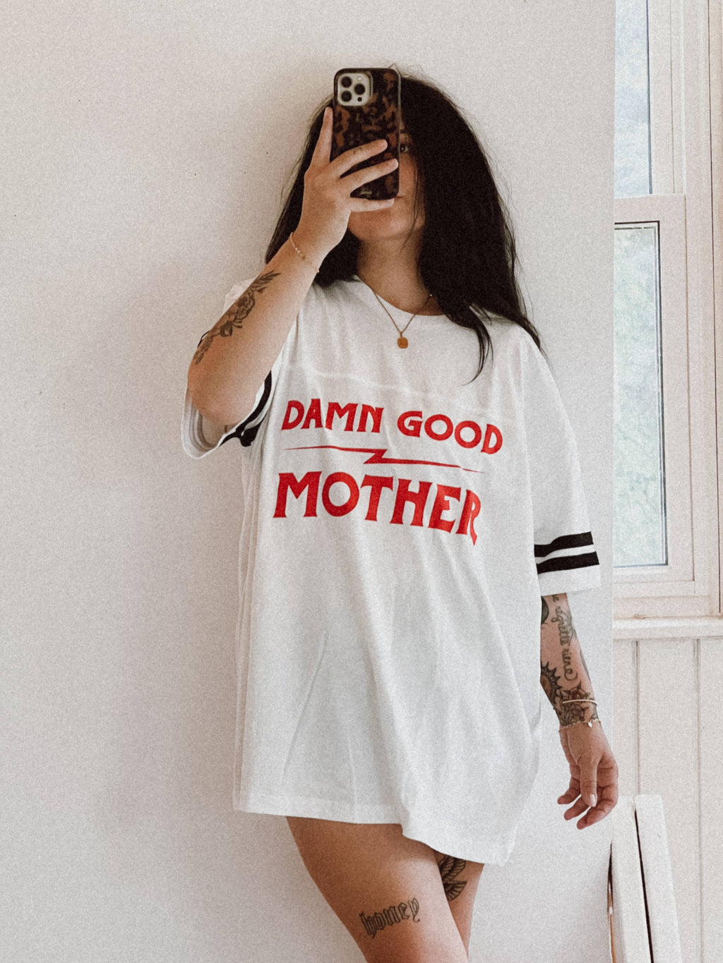 Damn Good Mother Womens Football Jersey T-Shirt - White/Blk