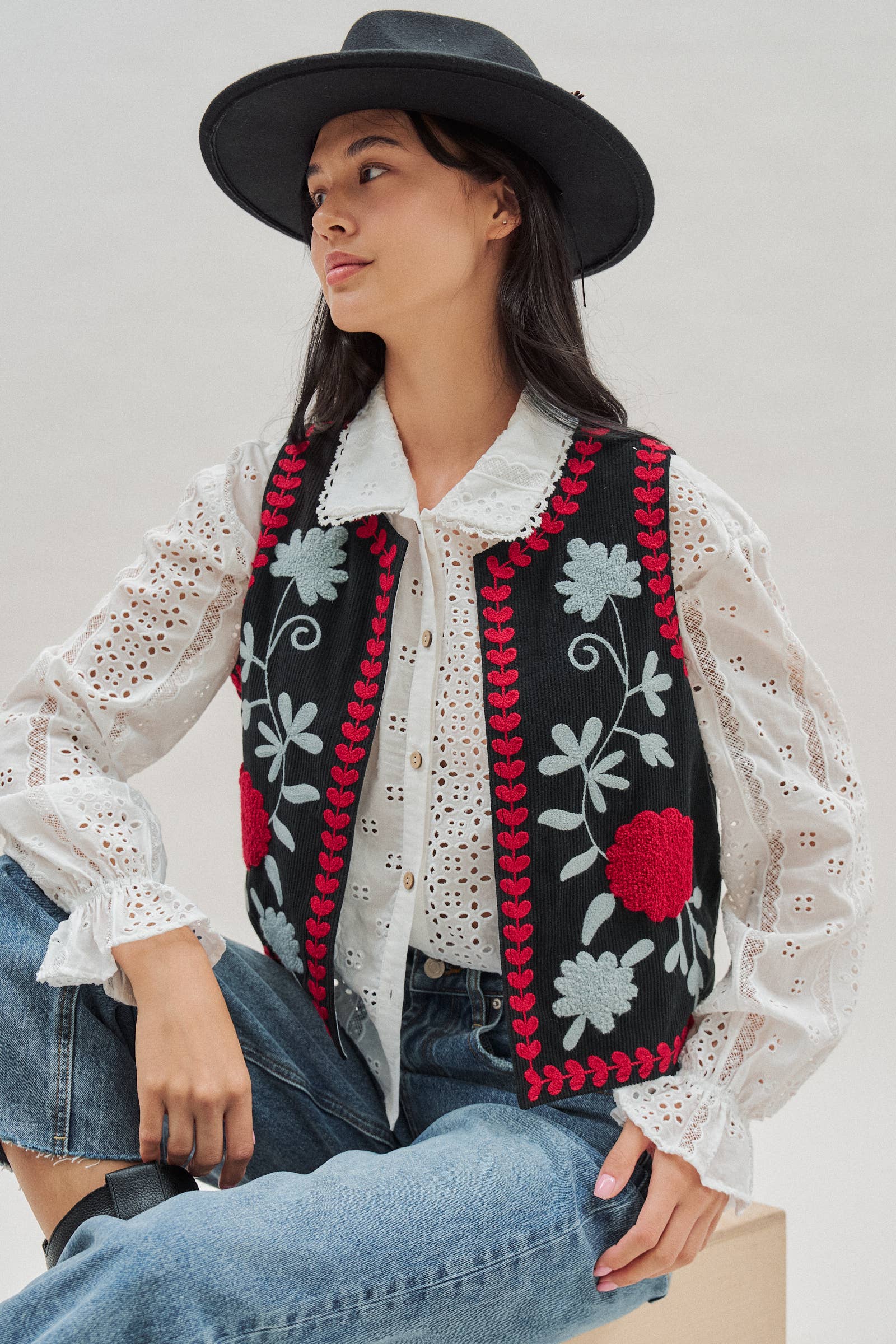 Floral Embroidered Corduroy Vest