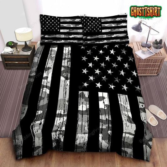 Grey Camouflage American Flag Duvet Cover Bedding Set