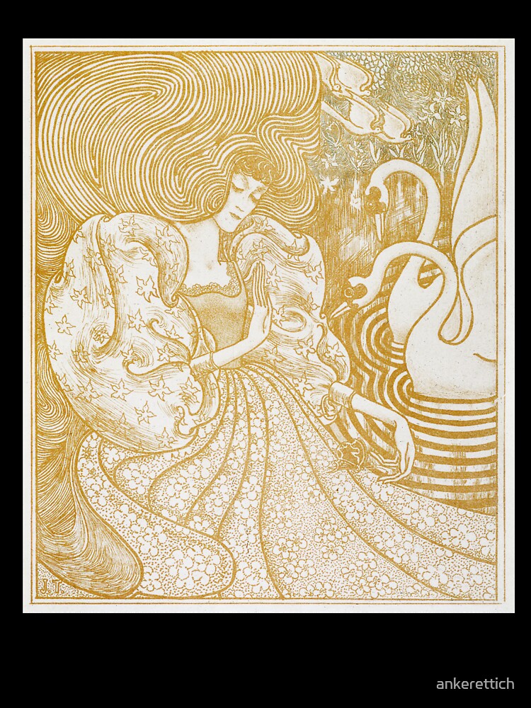 Woman with a Butterfly at a Pond with Two Swans (1894) by Jan Toorop. by ankerettich