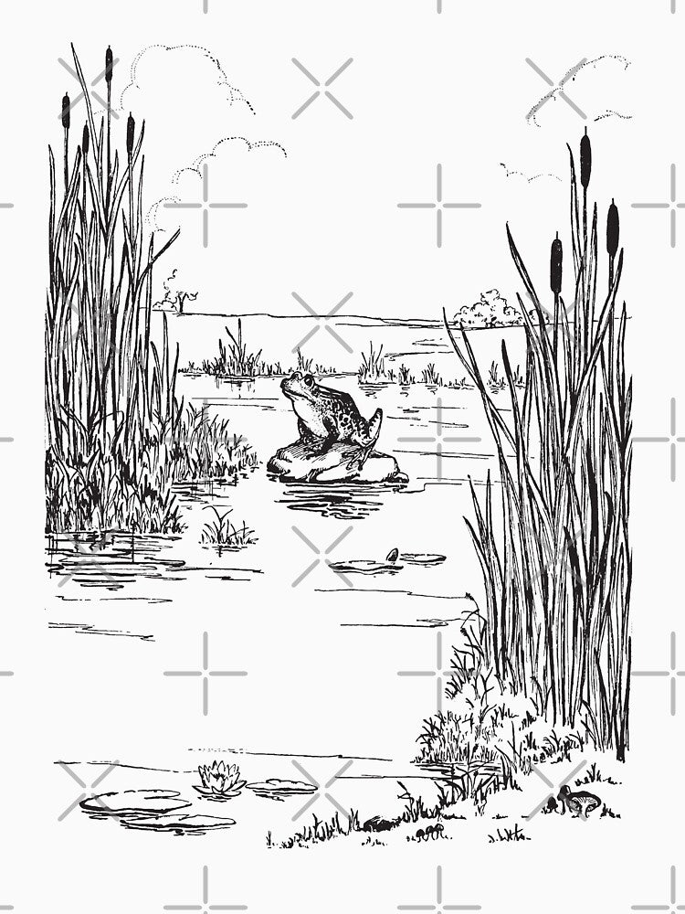 Cute Vintage Cottagecore Aesthetic Frog Sitting by the Pond Thinking, Emo Depressed Frogge by Lake by MinistryOfFrogs