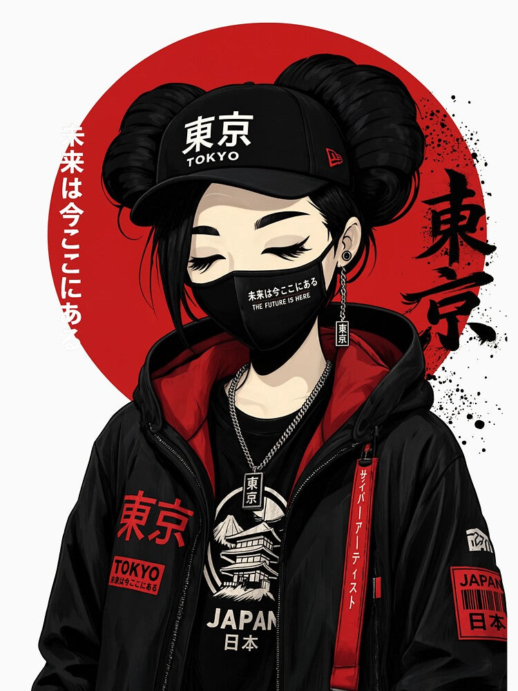 Streetwear Girl Japanese Urban, Red Sun Backprint by Trike-G-Tees