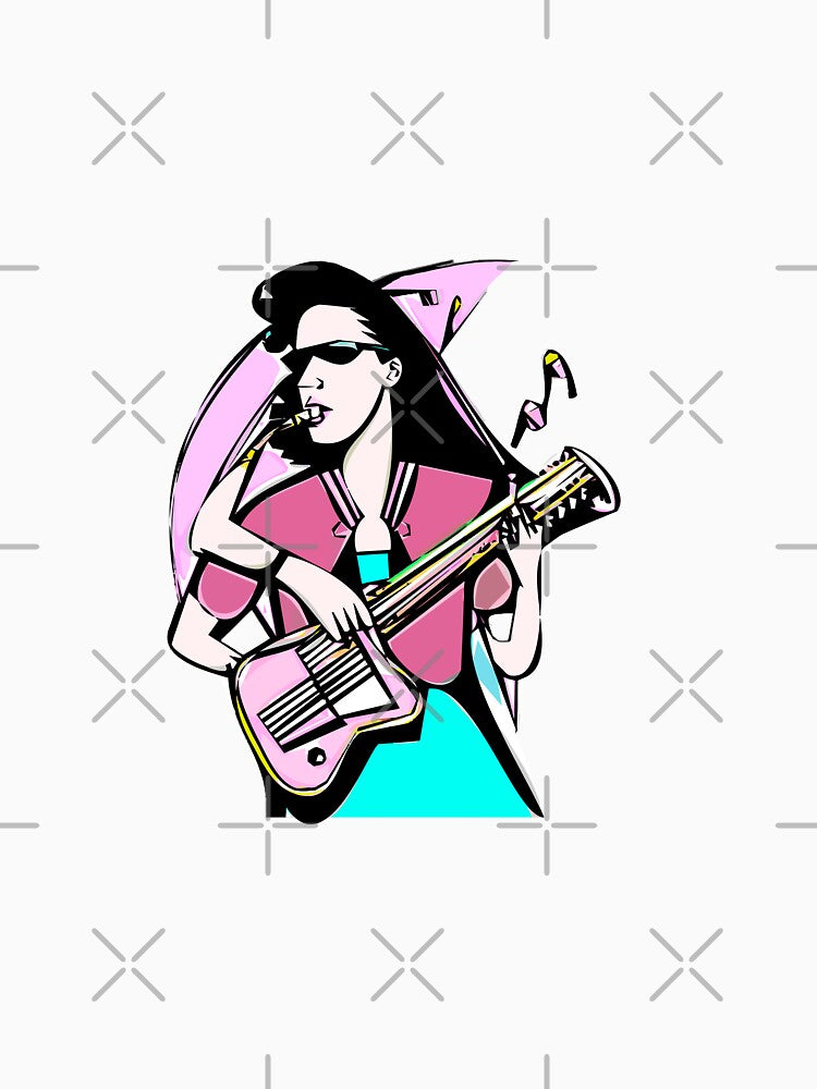 "The Guitar-Playing Woman in a Pink Blouse and Emerald Dress" by FunnyShopGirl
