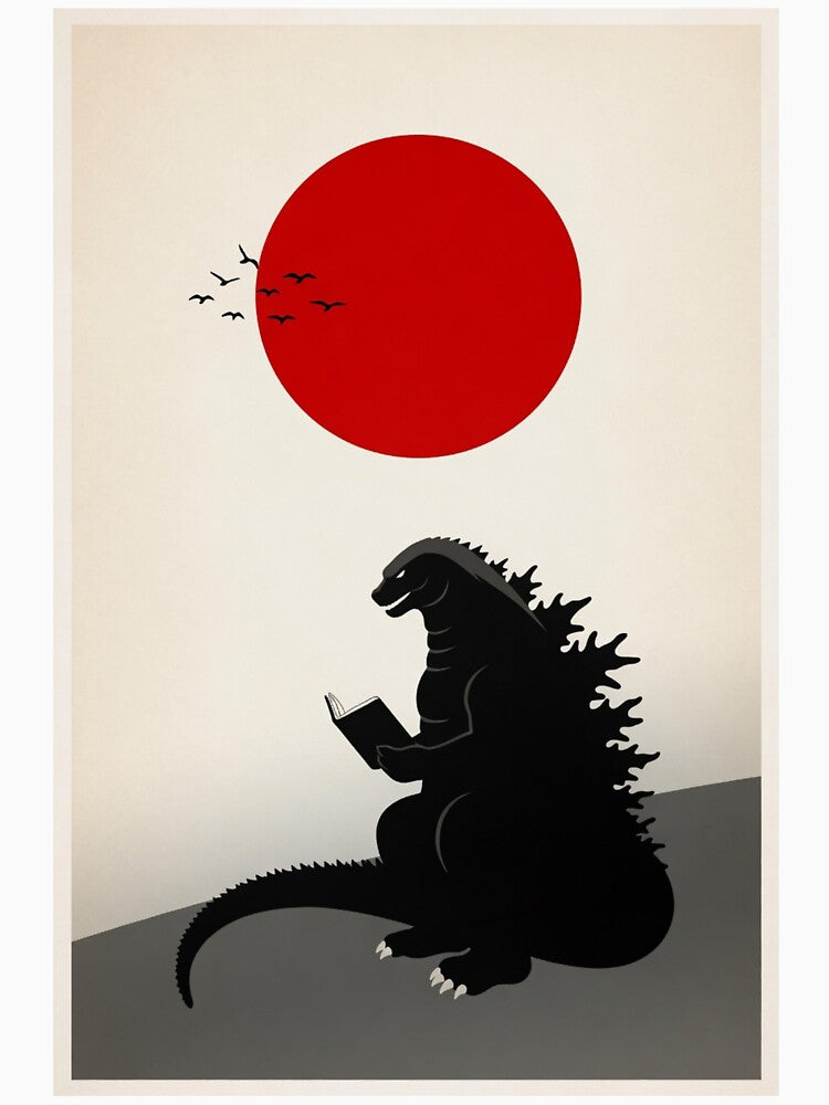 Godzilla Reading Book Japanese Flag | Minimalist Japandi Wall Art by Syrupulse