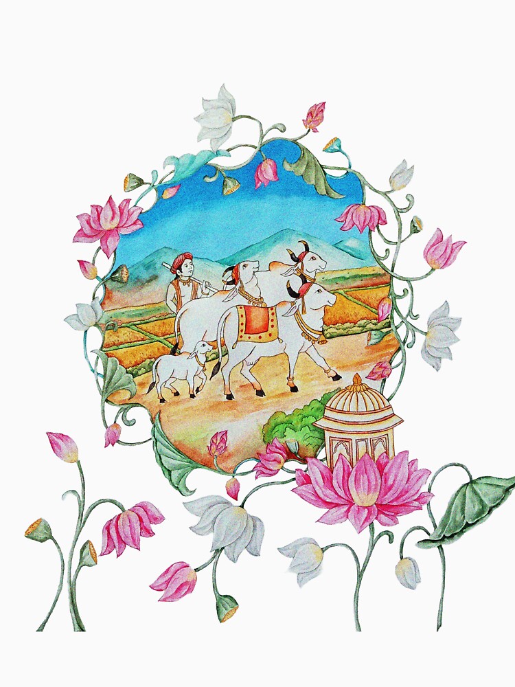 Traditional Pichwai Art - Sacred Cow and Lotus Garden Illustration by MrArt10K