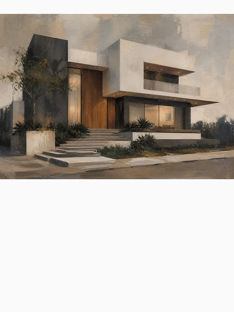 Modern Minimalist House Painting – Contemporary Architecture Wall Art in Neutral Tones by DrizzyV