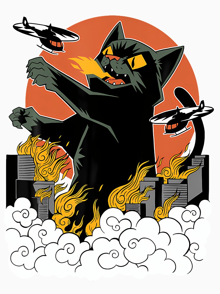 Black Japanese Catzilla Sunset 	 - Classic Fit Crew Neck Cotton  Polyester Blend by vanesajoer