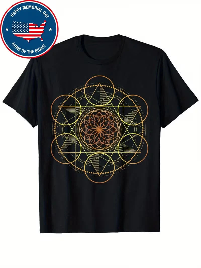Men's Prana Art Yoga Mandala T-Shirt - Sacred Geometry Meditation Design, Black